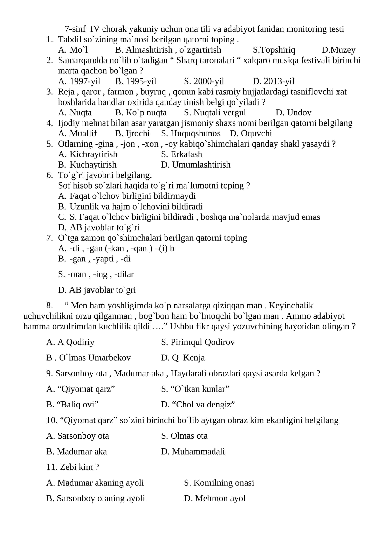 7-sinf IV chorak yakuniy uchun ona tili va adabiyot fanidan monitoring testi 1