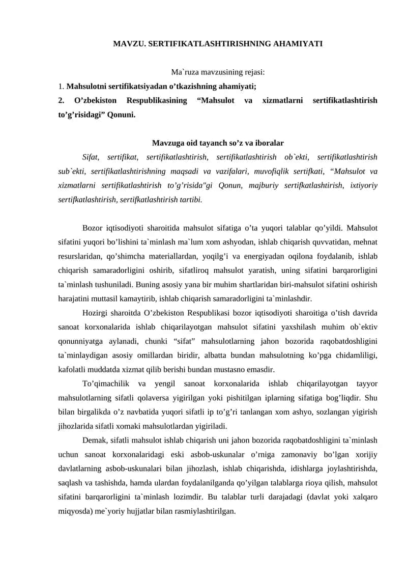 MAVZU. SERTIFIKATLASHTIRISHNING AHAMIYATI 1