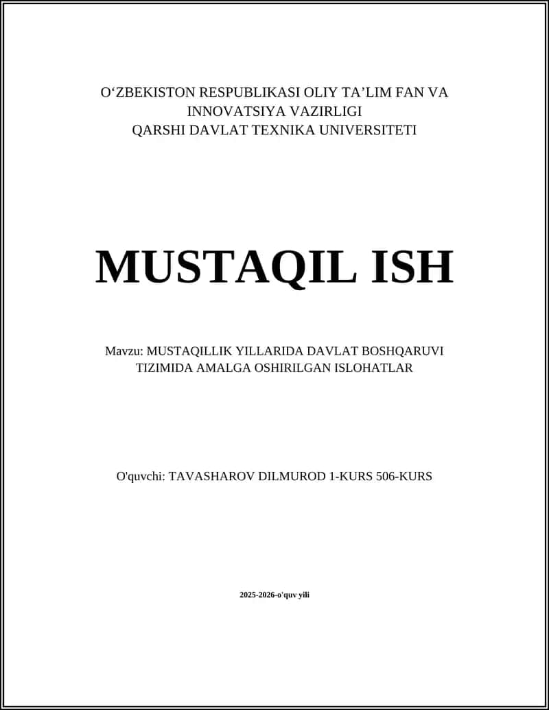 MUSTAQILLIK YILLARIDA DAVLAT BOSHQARUVI TIZIMIDA AMALGA OSHIRILGAN ISLOHATLAR 1