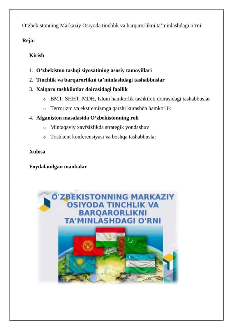 O‘zbekistonning Markaziy Osiyoda tinchlik va barqarorlikni ta’minlashdagi o‘rni 1