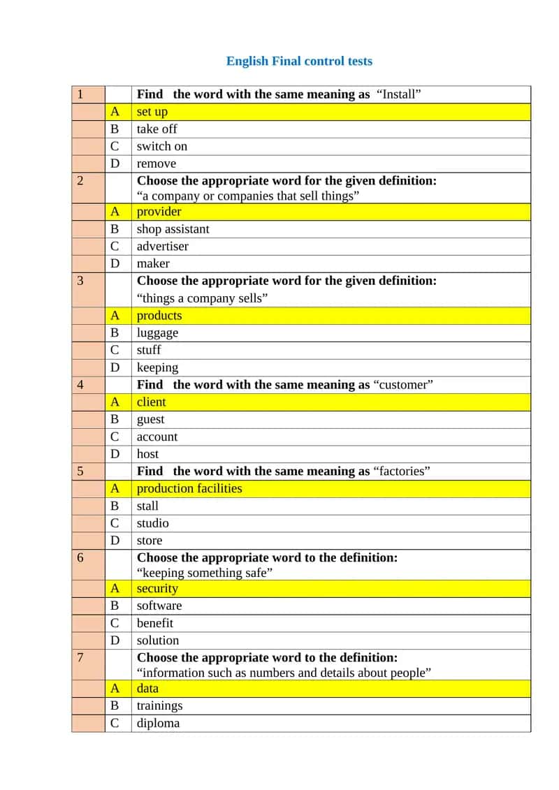 English Final control tests 1