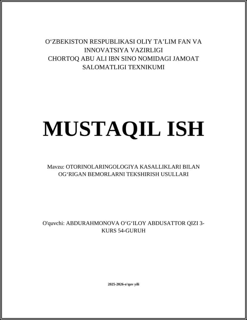 Otorinolaringologiya kasalliklari bilan ogʻrgan bemorlarni tekshirish usullari 1