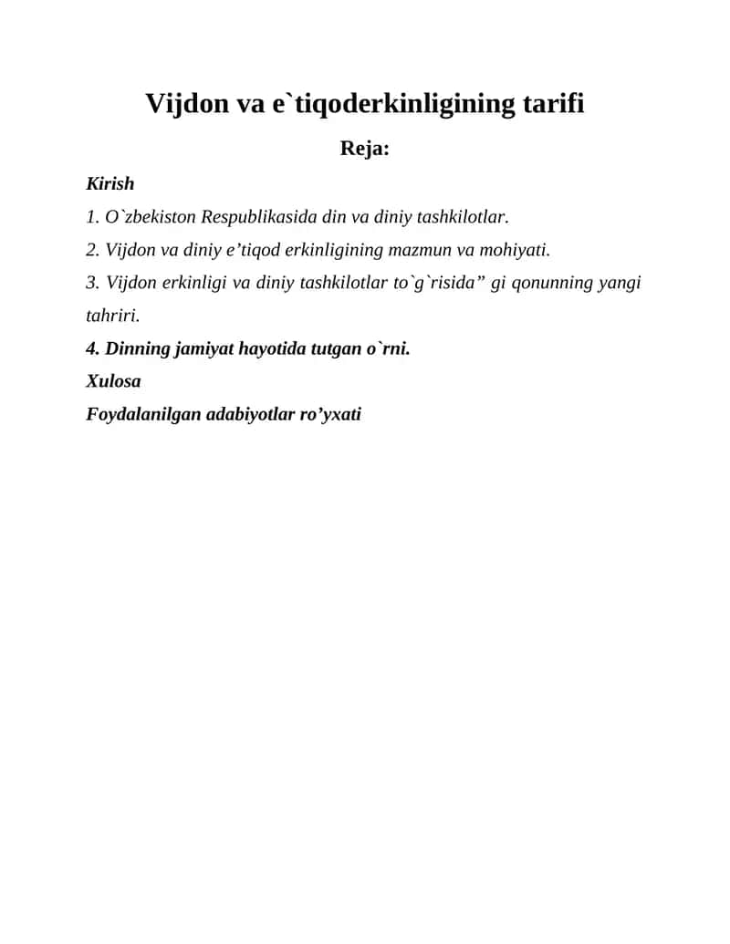 Vijdon va e`tiqoderkinligining tarifi 1