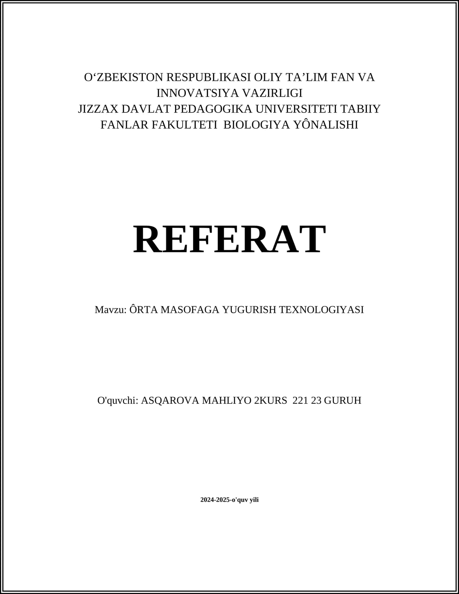 ÔRTA MASOFAGA YUGURISH TEXNOLOGIYASI 1