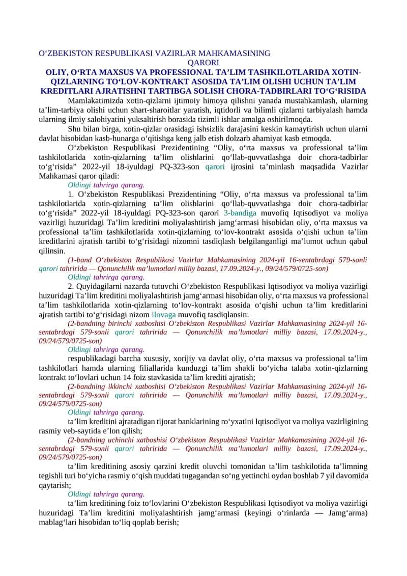 OLIY, O‘RTA MAXSUS VA PROFESSIONAL TA’LIM TASHKILOTLARIDA XOTIN-QIZLARNING TO‘LOV-KONTRAKT ASOSIDA TA’LIM OLISHI UCHUN TA’LIM KREDITLARI AJRATISHNI TARTIBGA SOLISH CHORA-TADBIRLARI TO‘G‘RISIDA 1