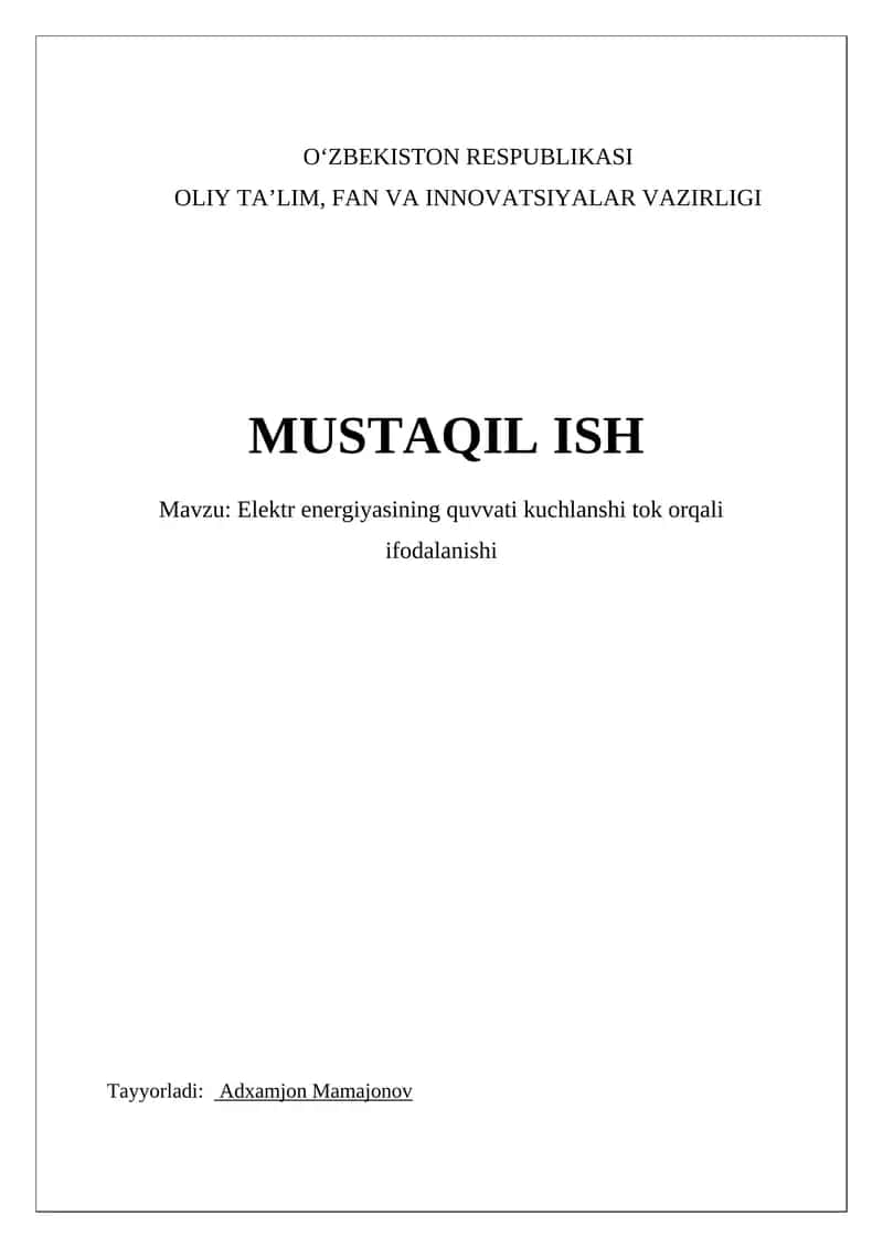 Elektr energiyasining quvvati kuchlanshi tok orqali ifodalanishi 1