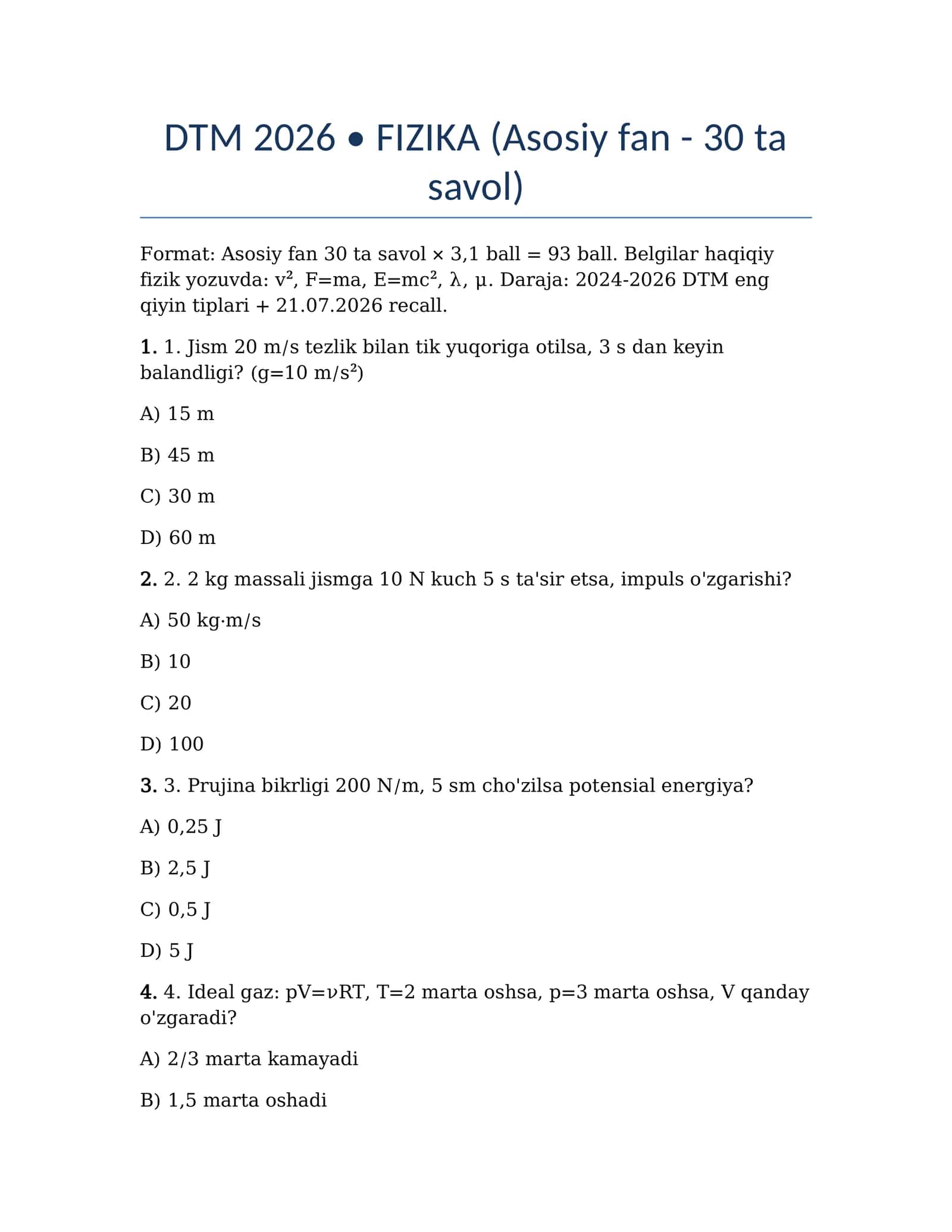DTM 2026 • FIZIKA (Asosiy fan - 30 ta savol) 1