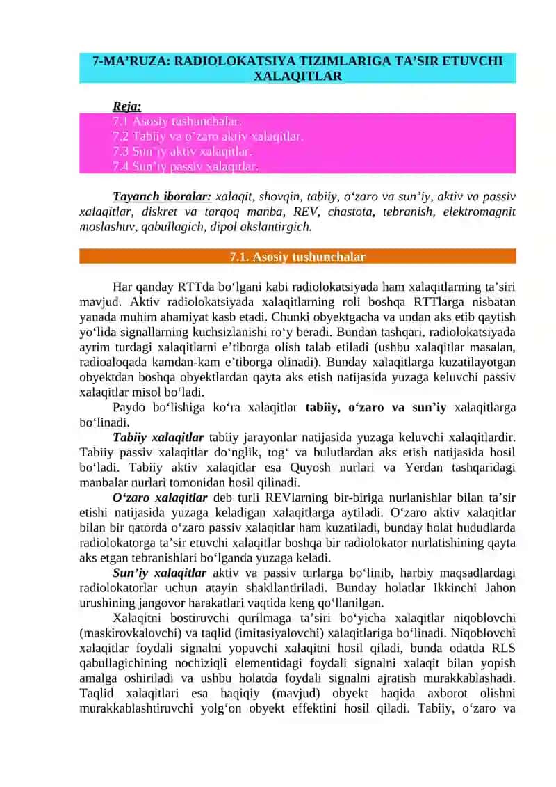 RADIOLOKATSIYA TIZIMLARIGA TA’SIR ETUVCHI XALAQITLAR