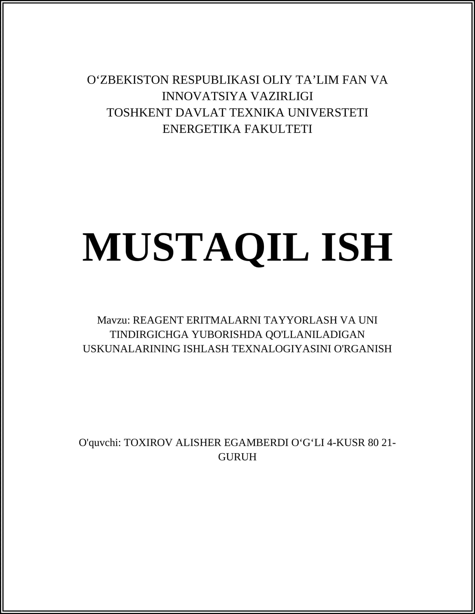 REAGENT ERITMALARNI TAYYORLASH VA UNI TINDIRGICHGA YUBORISHDA QO'LLANILADIGAN USKUNALARINING ISHLASH TEXNALOGIYASINI O'RGANISH 1