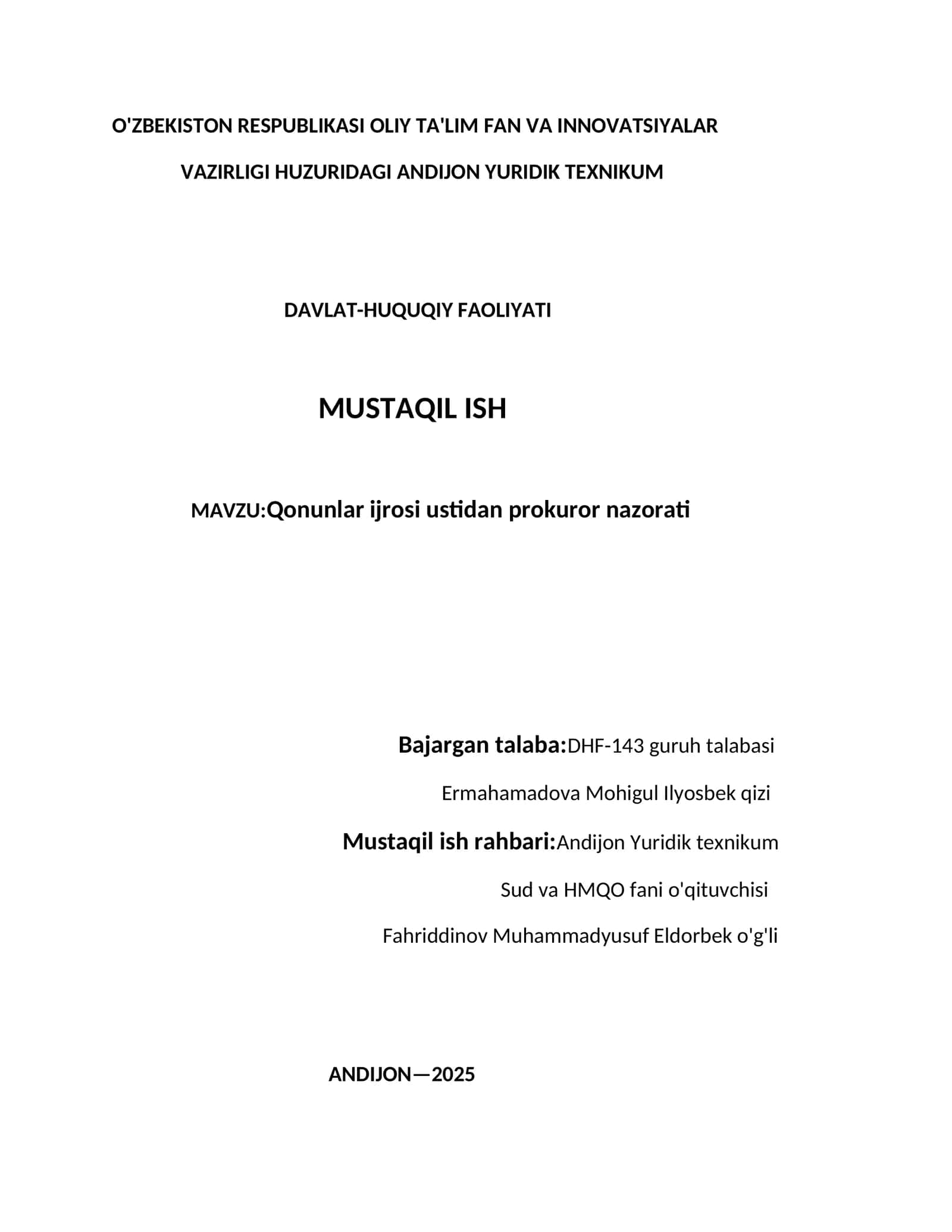 Qonunlar ijrosi ustidan prokuror nazorati 1