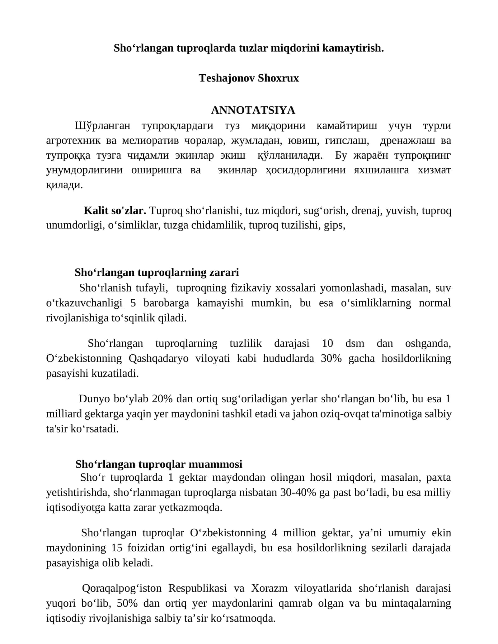 Tuproqlarda tuz miqdorini kamaytirish 1