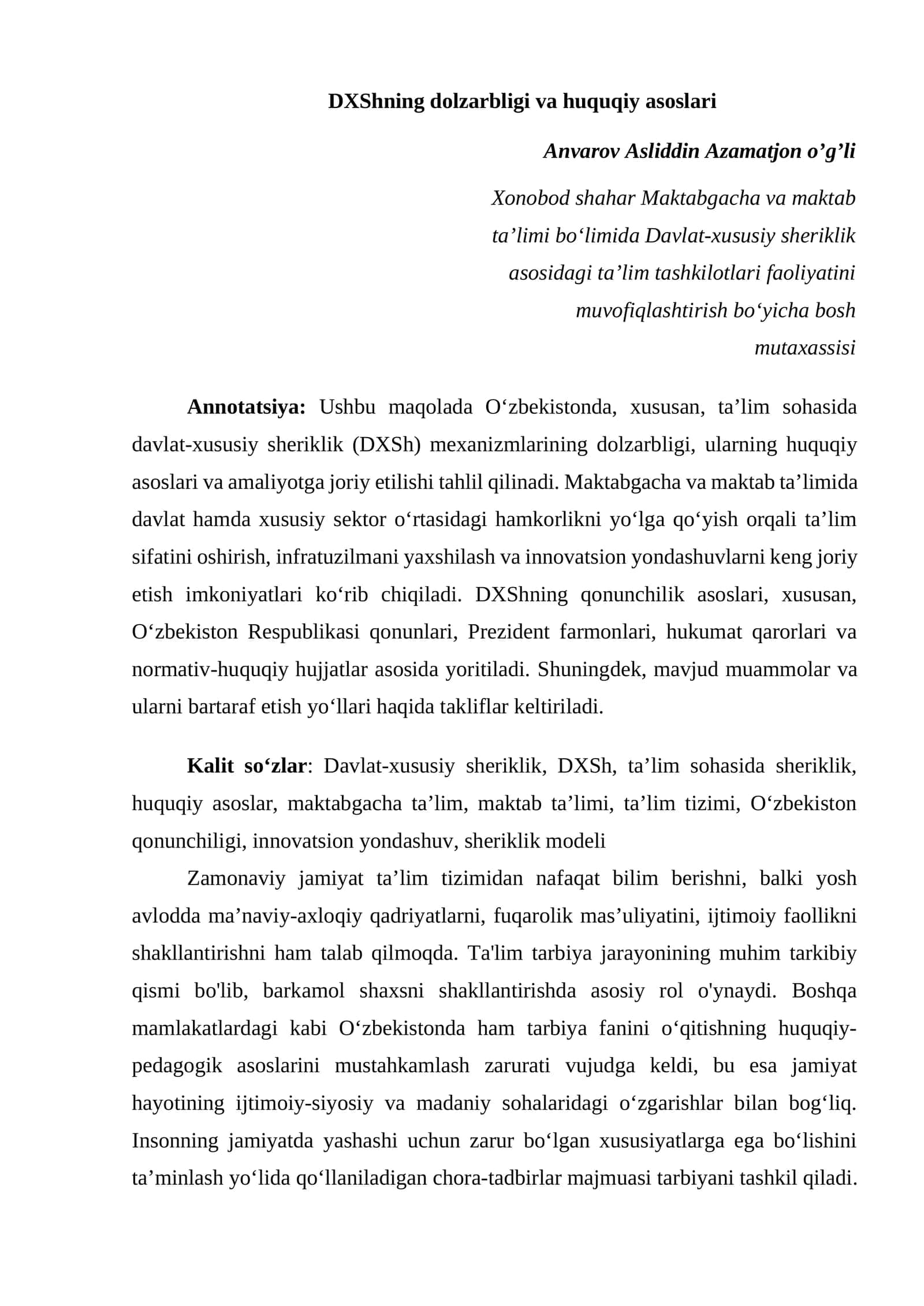 DXShning dolzarbligi va huquqiy asoslari 1
