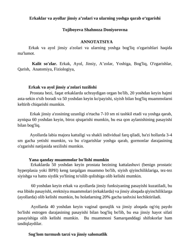 Erkaklar va ayollar jinsiy aʼzolari va ularning yoshga qarab oʻzgarishi 1