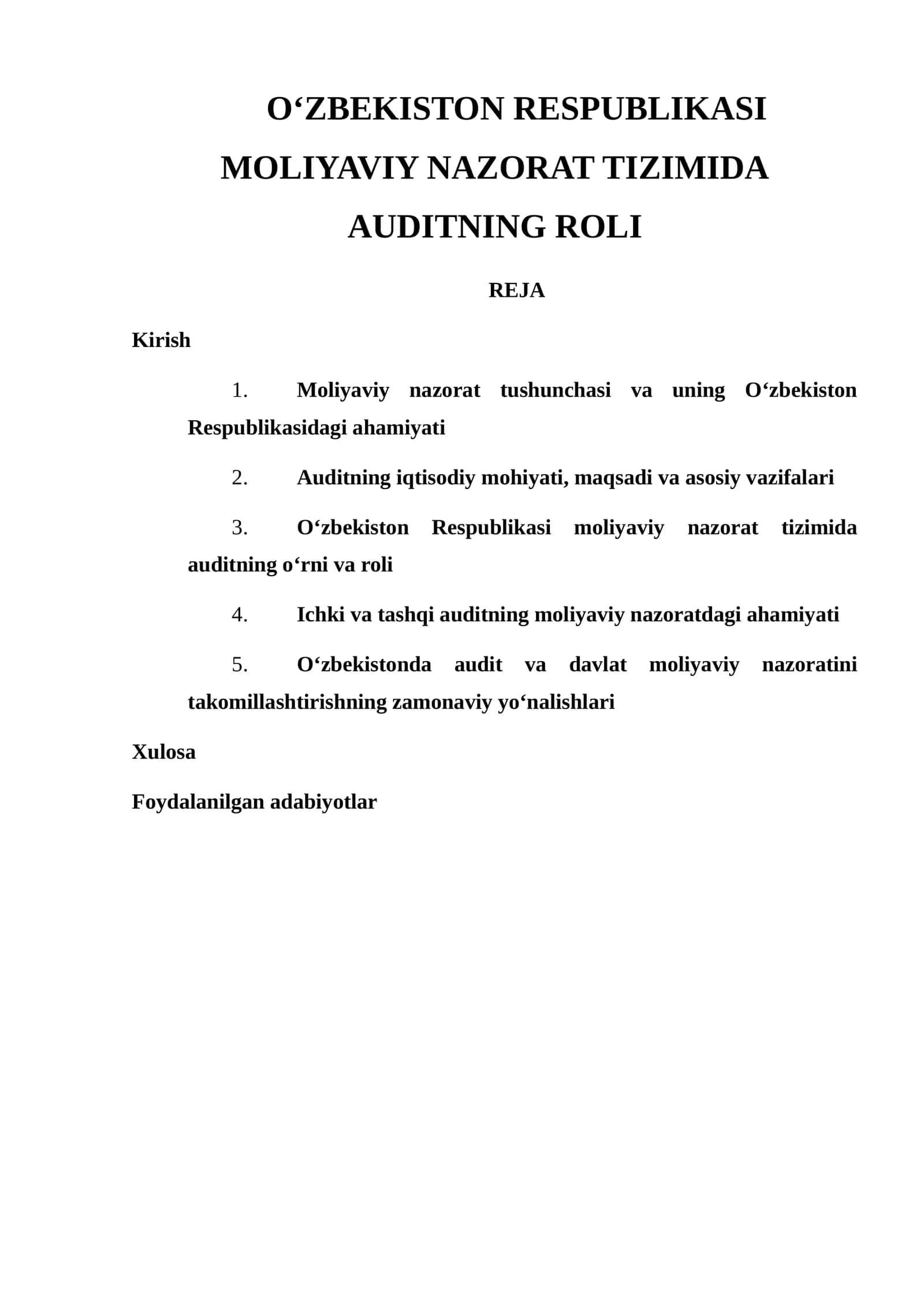 O‘ZBEKISTON RESPUBLIKASI MOLIYAVIY NAZORAT TIZIMIDA AUDITNING ROLI 1