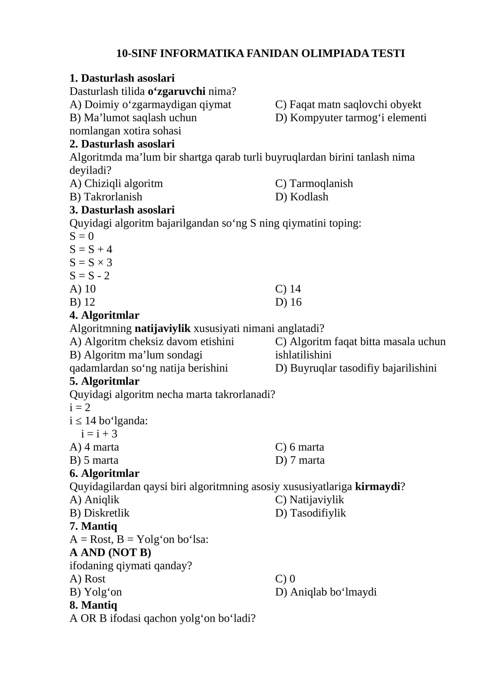 10-SINF INFORMATIKA FANIDAN OLIMPIADA TESTI 1