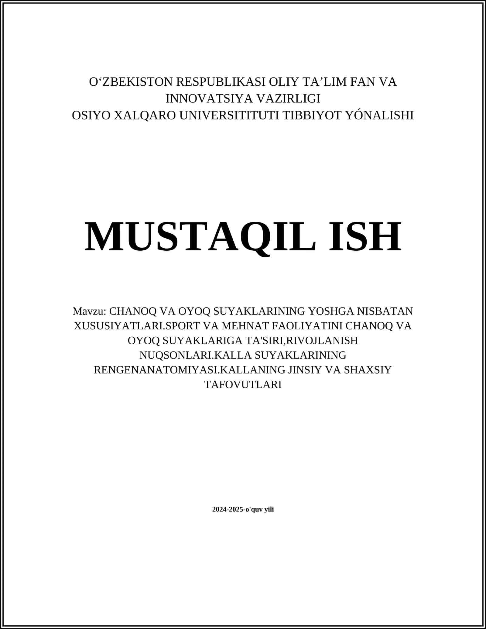 CHANOQ VA OYOQ SUYAKLARINING YOSHGA NISBATAN XUSUSIYATLARI.SPORT VA MEHNAT FAOLIYATINI CHANOQ VA OYOQ SUYAKLARIGA TA'SIRI,RIVOJLANISH NUQSONLARI.KALLA SUYAKLARINING RENGENANATOMIYASI.KALLANING JINSIY VA SHAXSIY TAFOVUTLARI 1