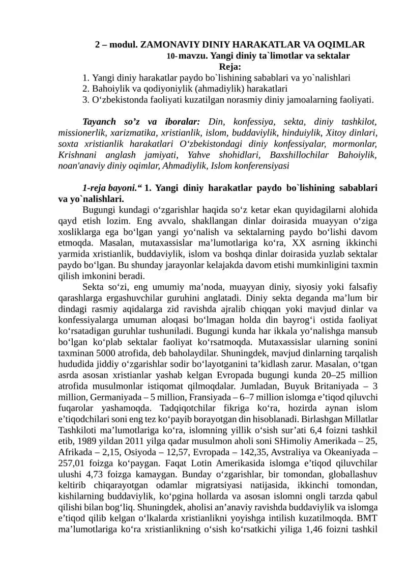 ZAMONAVIY DINIY HARAKATLAR VA OQIMLAR 1