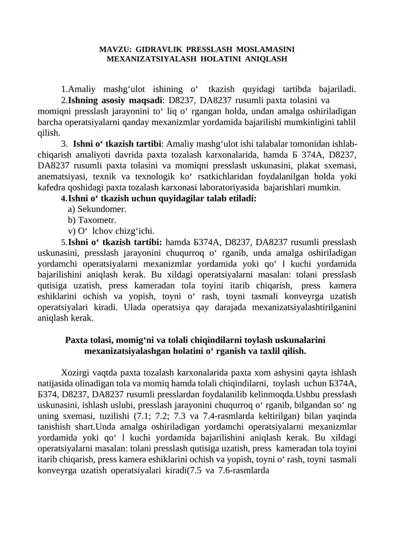 GIDRAVLIK PRЕSSLASH MOSLAMASINI MЕXANIZATSIYALASH HOLATINI ANIQLASH 1