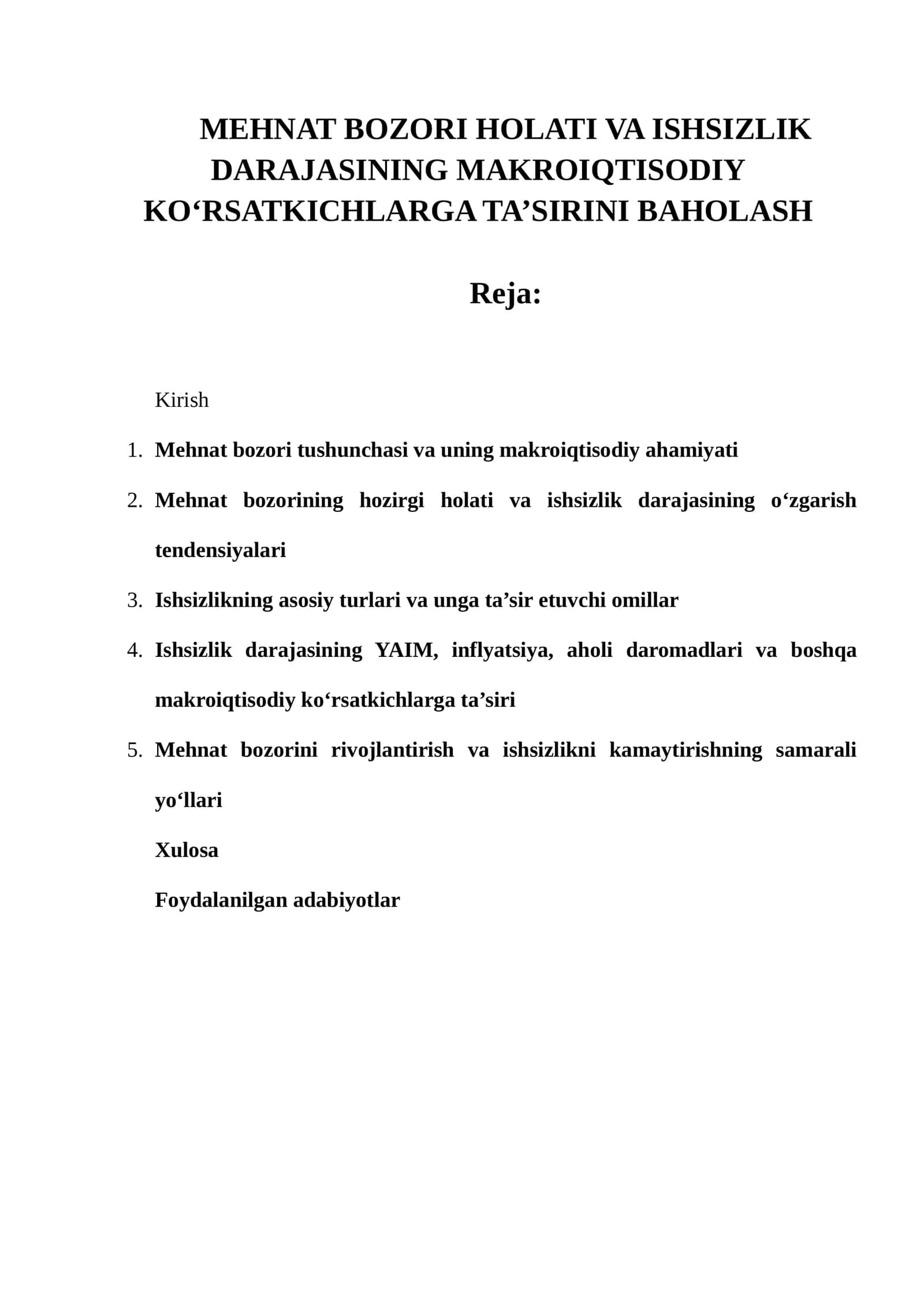 MEHNAT BOZORI HOLATI VA ISHSIZLIK DARAJASINING MAKROIQTISODIY KO‘RSATKICHLARGA TA’SIRINI BAHOLASH 1