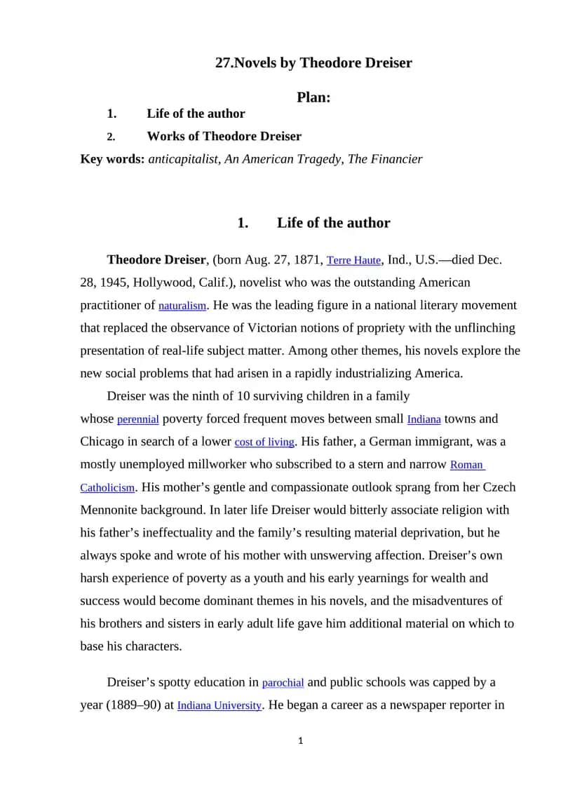 Novels by Theodore Dreiser 1