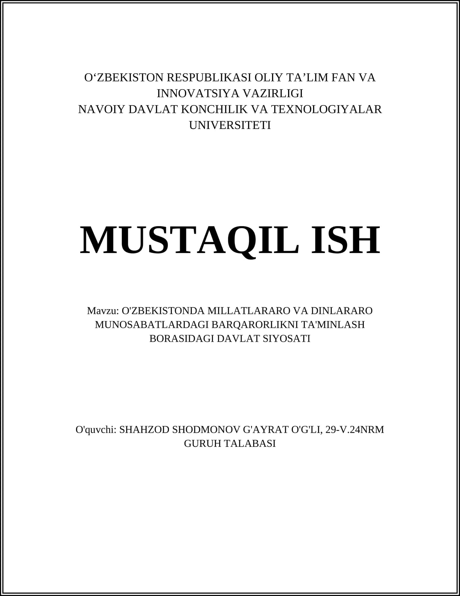 O'ZBEKISTONDA MILLATLARARO VA DINLARARO MUNOSABATLARDAGI BARQARORLIKNI TA'MINLASH BORASIDAGI DAVLAT SIYOSATI 1