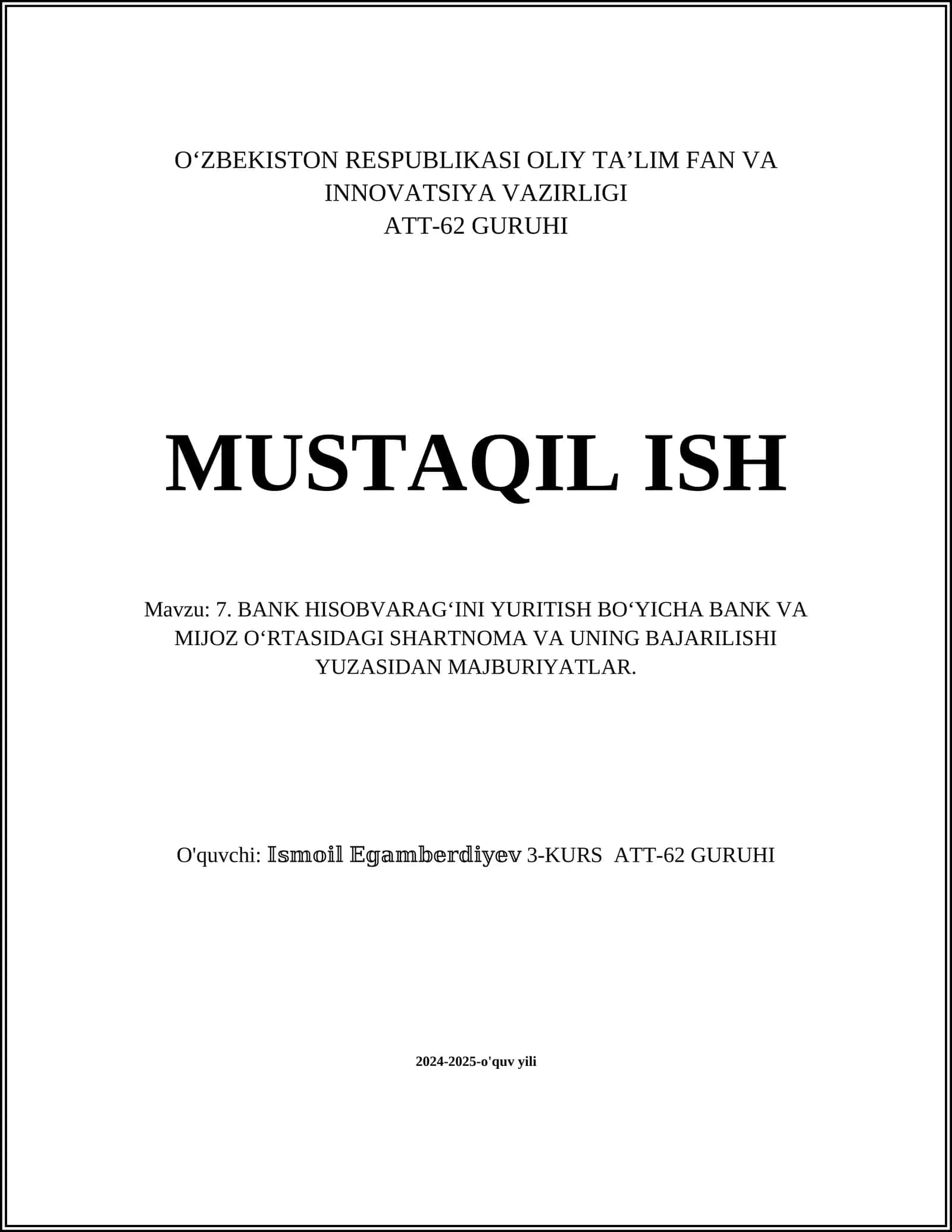 Bank hisobvarag‘ini yuritish shartnomasi 1
