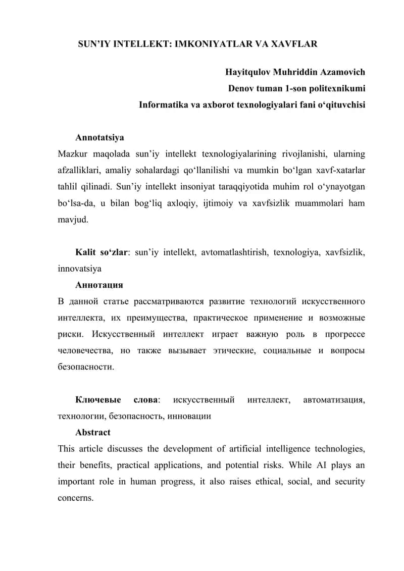 SUN’IY INTELLEKT: IMKONIYATLAR VA XAVFLAR 1