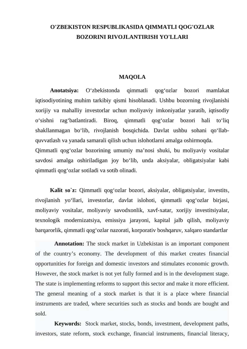 Qimmatli qog'ozlar bozorini rivojlantirish yo'llari 1
