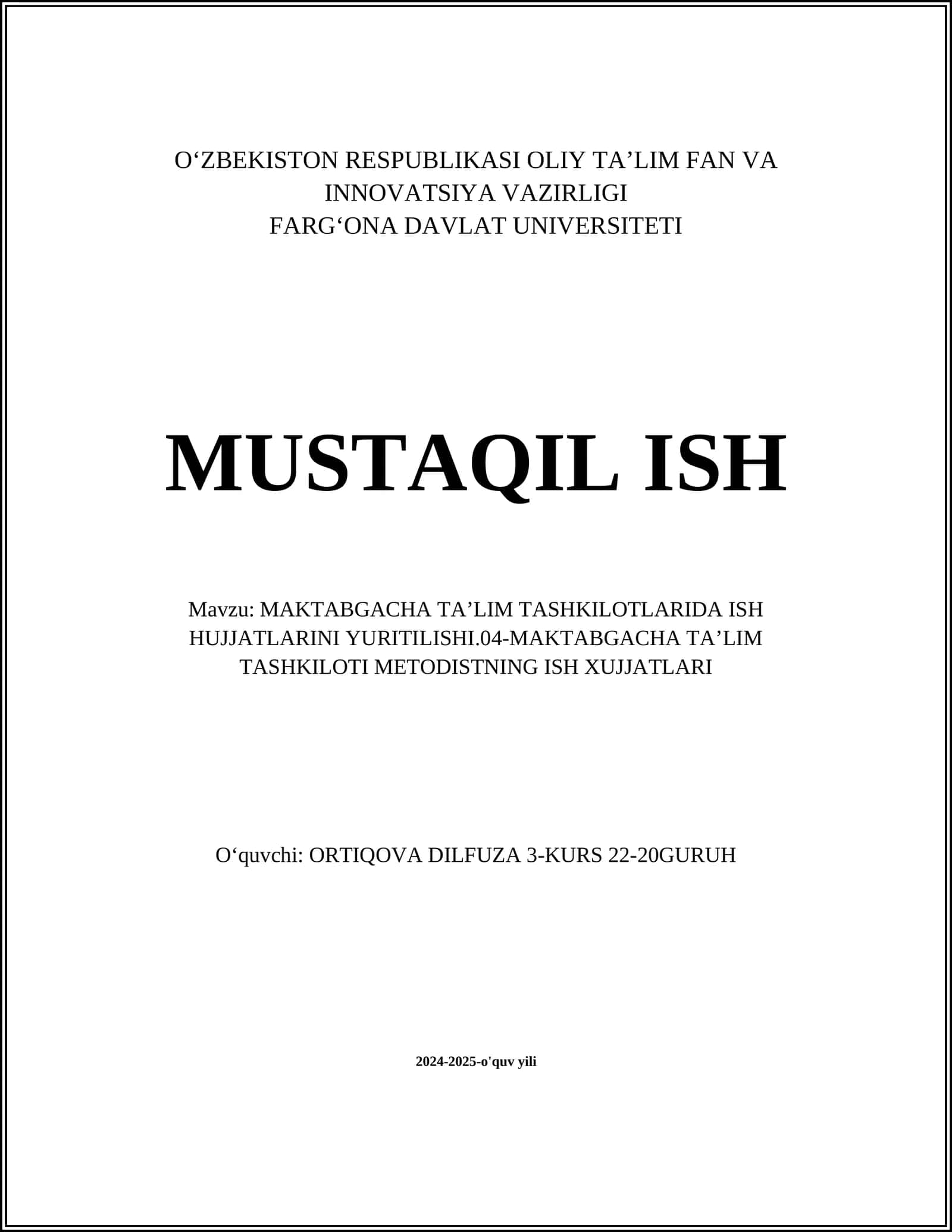MAKTABGACHA TAʼLIM TASHKILOTLARIDA ISH HUJJATLARINI YURITILISHI.04-MAKTABGACHA TAʼLIM TASHKILOTI METODISTNING ISH XUJJATLARI 1