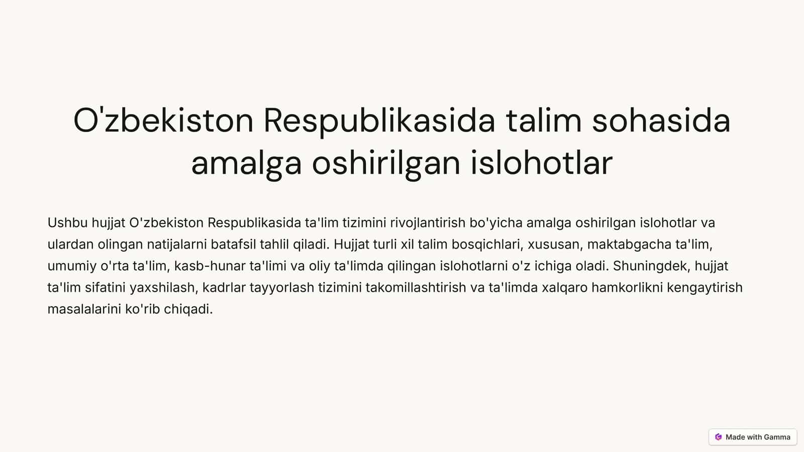 O'zbekiston Respublikasida talim sohasida amalga oshirilgan islohotlar 1