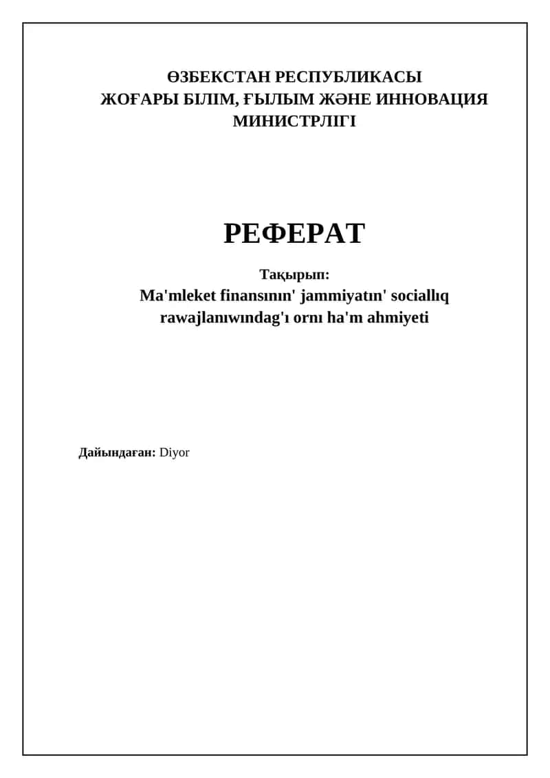 Mámleketlik finanslardıń sociallıq rawajlanıwdaǵı roli hám wazıypaları 1