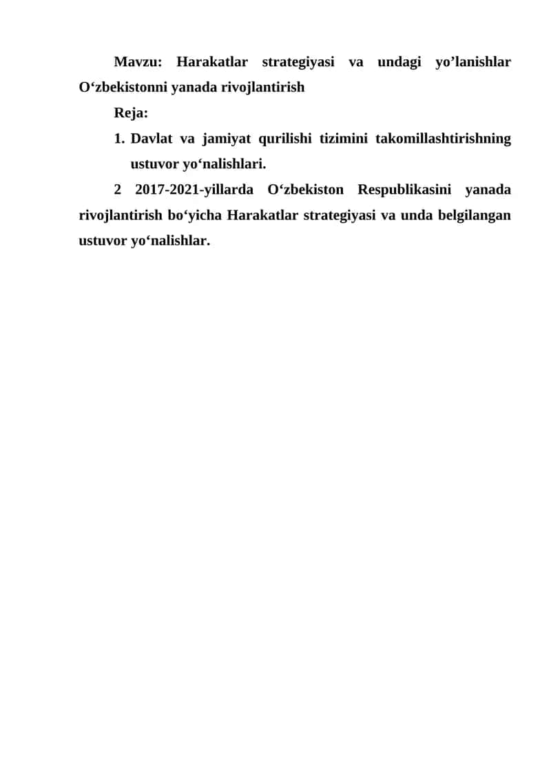 Harakatlar strategiyasi va undagi yo’lanishlar O‘zbekistonni yanada rivojlantirish 1