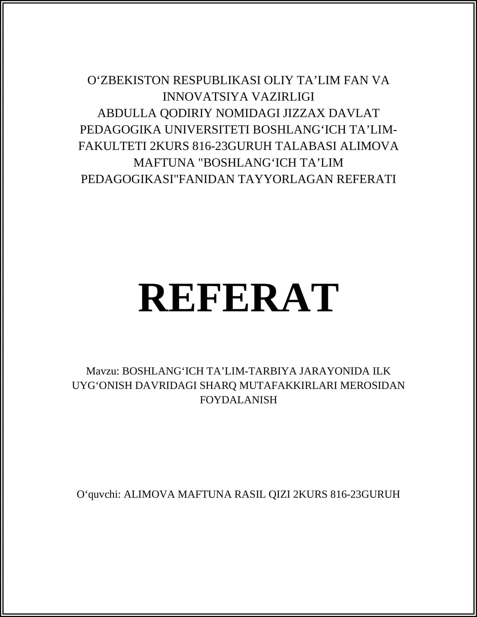 BOSHLANGʻICH TAʼLIM PEDAGOGIKASI 1