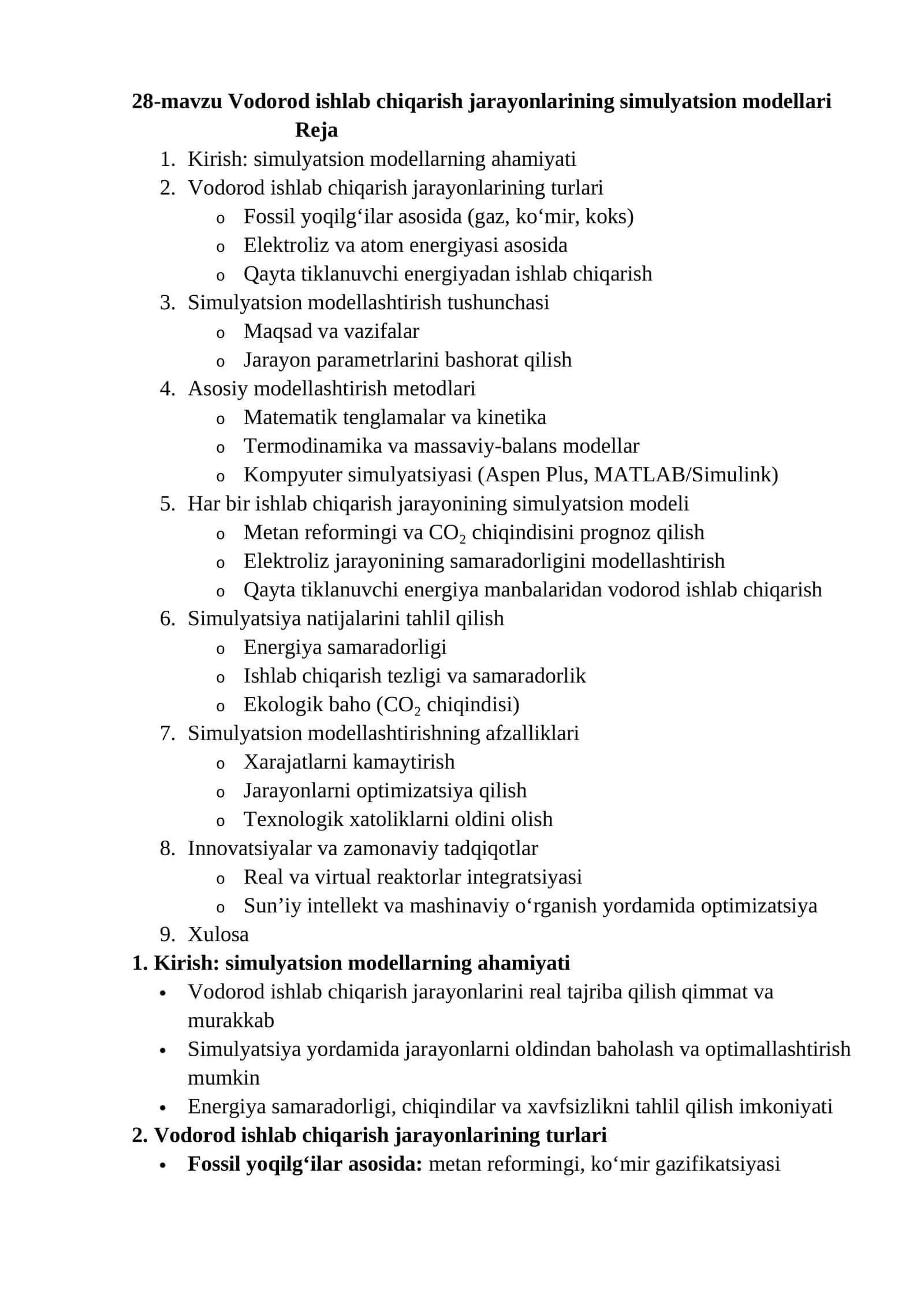 28-mavzu Vodorod ishlab chiqarish jarayonlarining simulyatsion modellari 1
