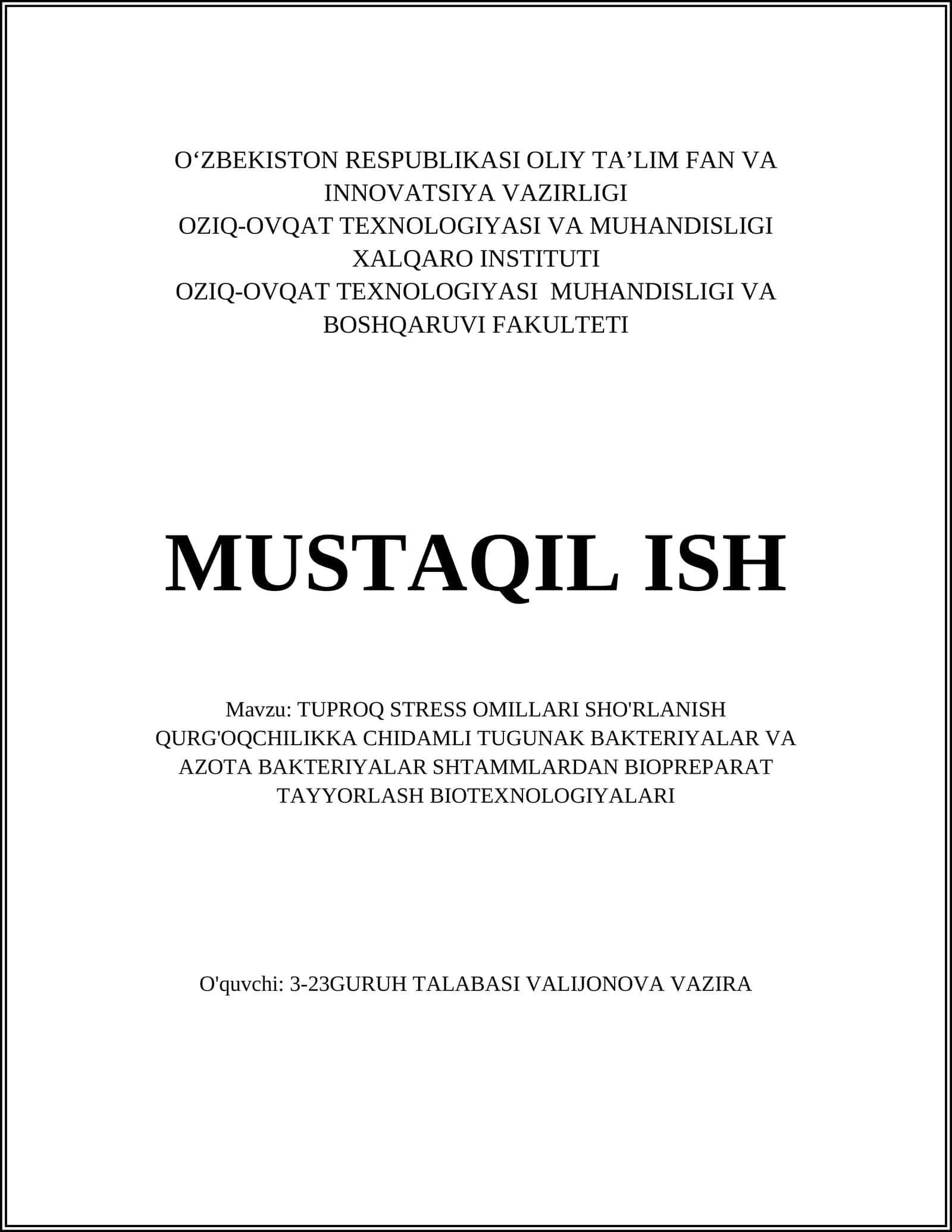 TUPROQ STRESS OMILLARI SHO'RLANISH QURG'OQCHILIKKA CHIDAMLI TUGUNAK BAKTERIYALAR VA AZOTA BAKTERIYALAR SHTAMMLARDAN BIOPREPARAT TAYYORLASH BIOTEXNOLOGIYALARI 1