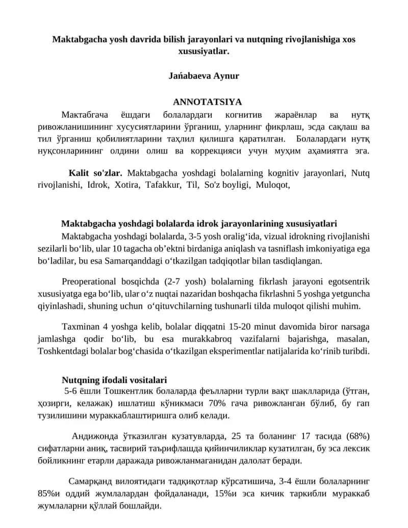 Maktabgacha yosh davrida bilish jarayonlari va nutqning rivojlanishiga xos xususiyatlar 1