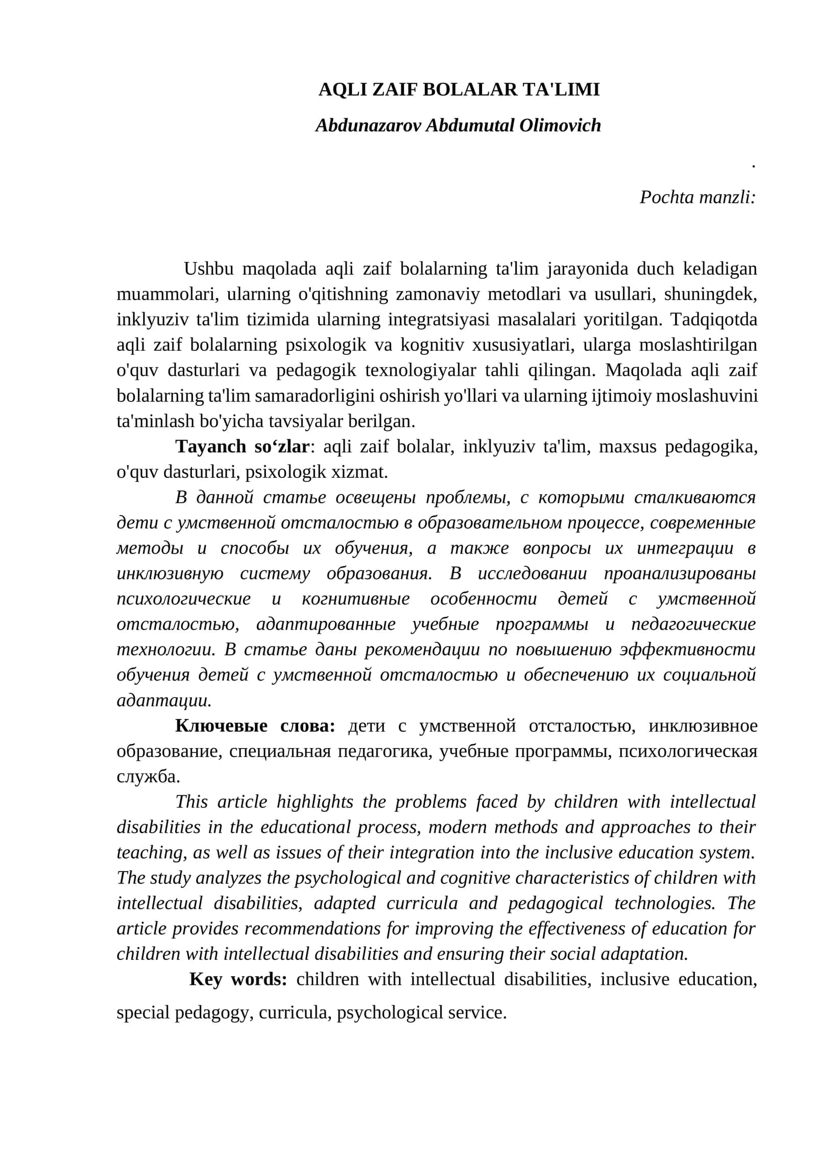 AQLI ZAIF BOLALAR TA'LIMI 1