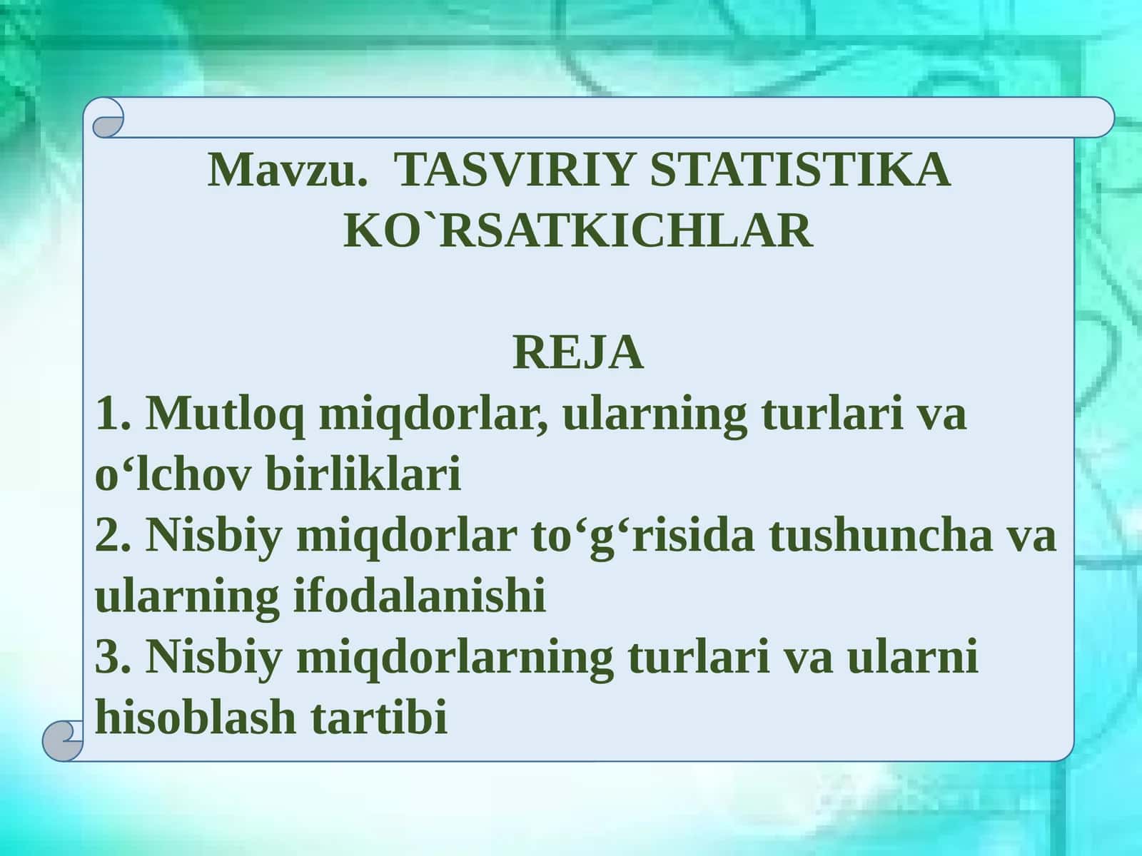 TASVIRIY STATISTIKA KO`RSATKICHLAR 1