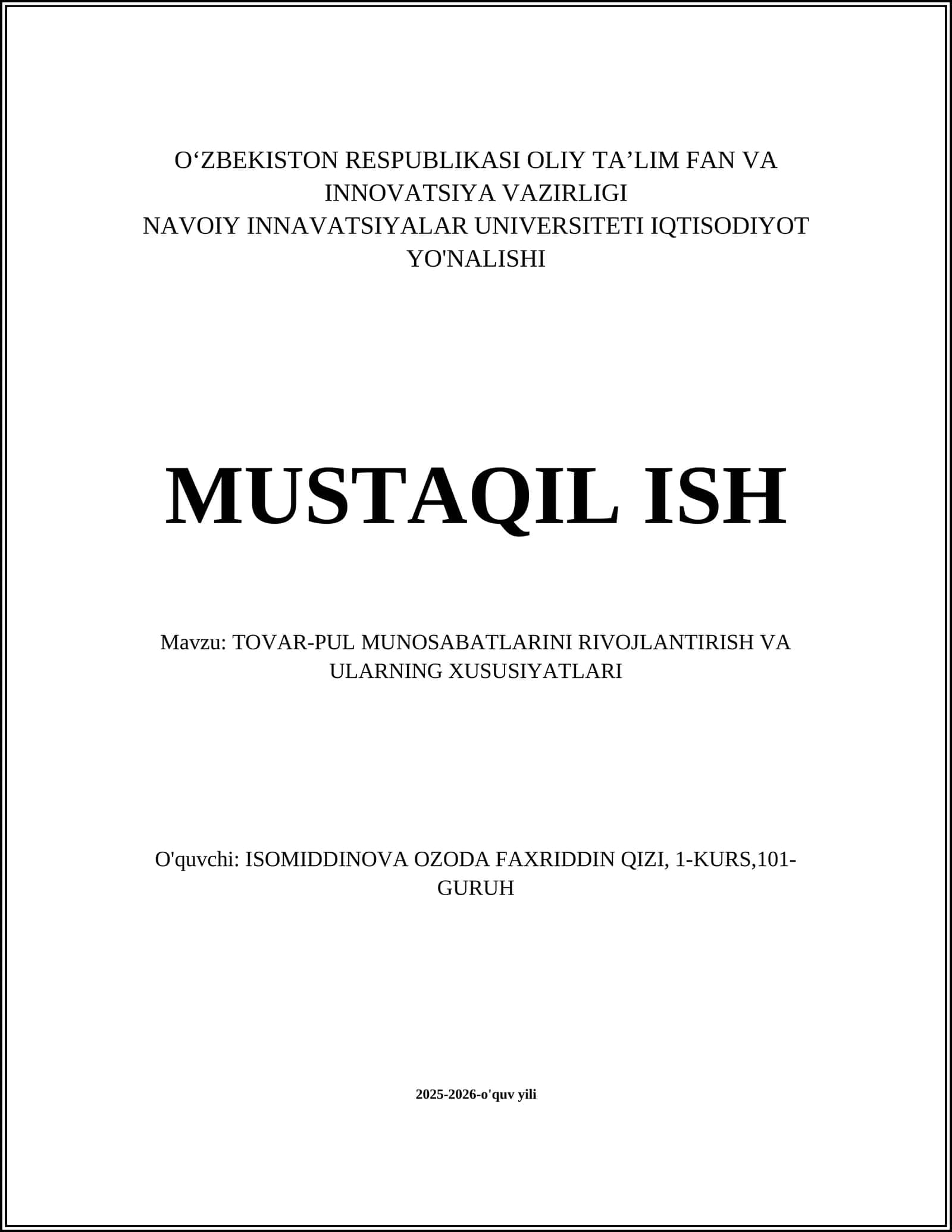 TOVAR-PUL MUNOSABATLARINI RIVOJLANTIRISH VA ULARNING XUSUSIYATLARI 1