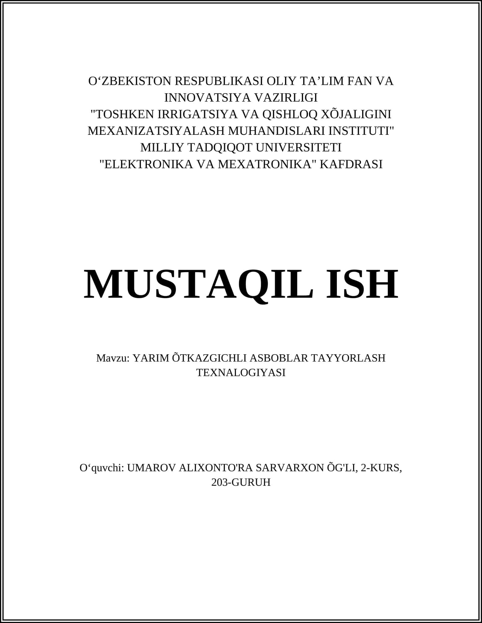YARIM ÕTKAZGICHLI ASBOBLAR TAYYORLASH TEXNALOGIYASI 1