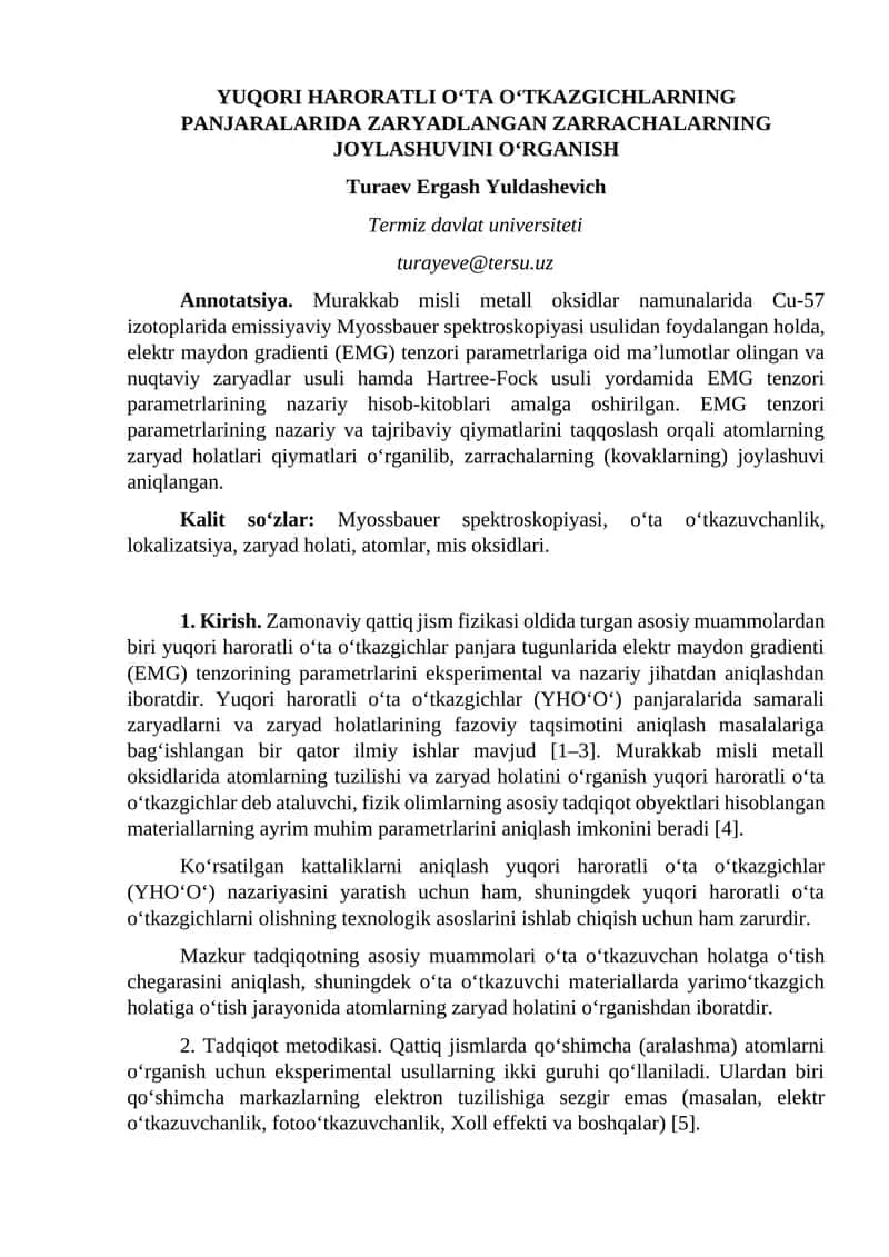 Yuqori haroratli o‘ta o‘tkazgichlarning panjaralarida zaryadlangan zarrachalarning joylashuvi 1