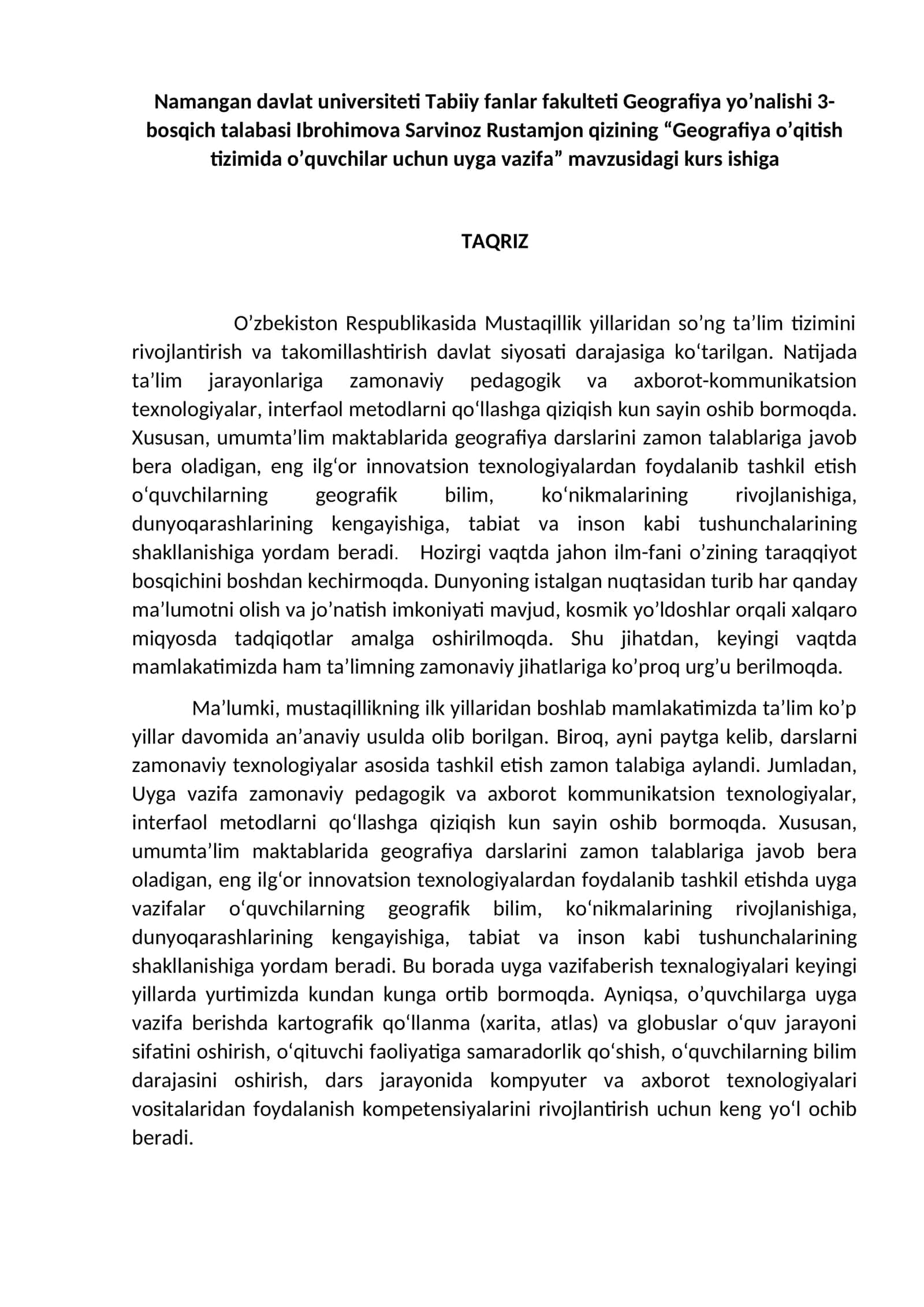 Geografiya o’qitish tizimida o’quvchilar uchun uyga vazifa 1