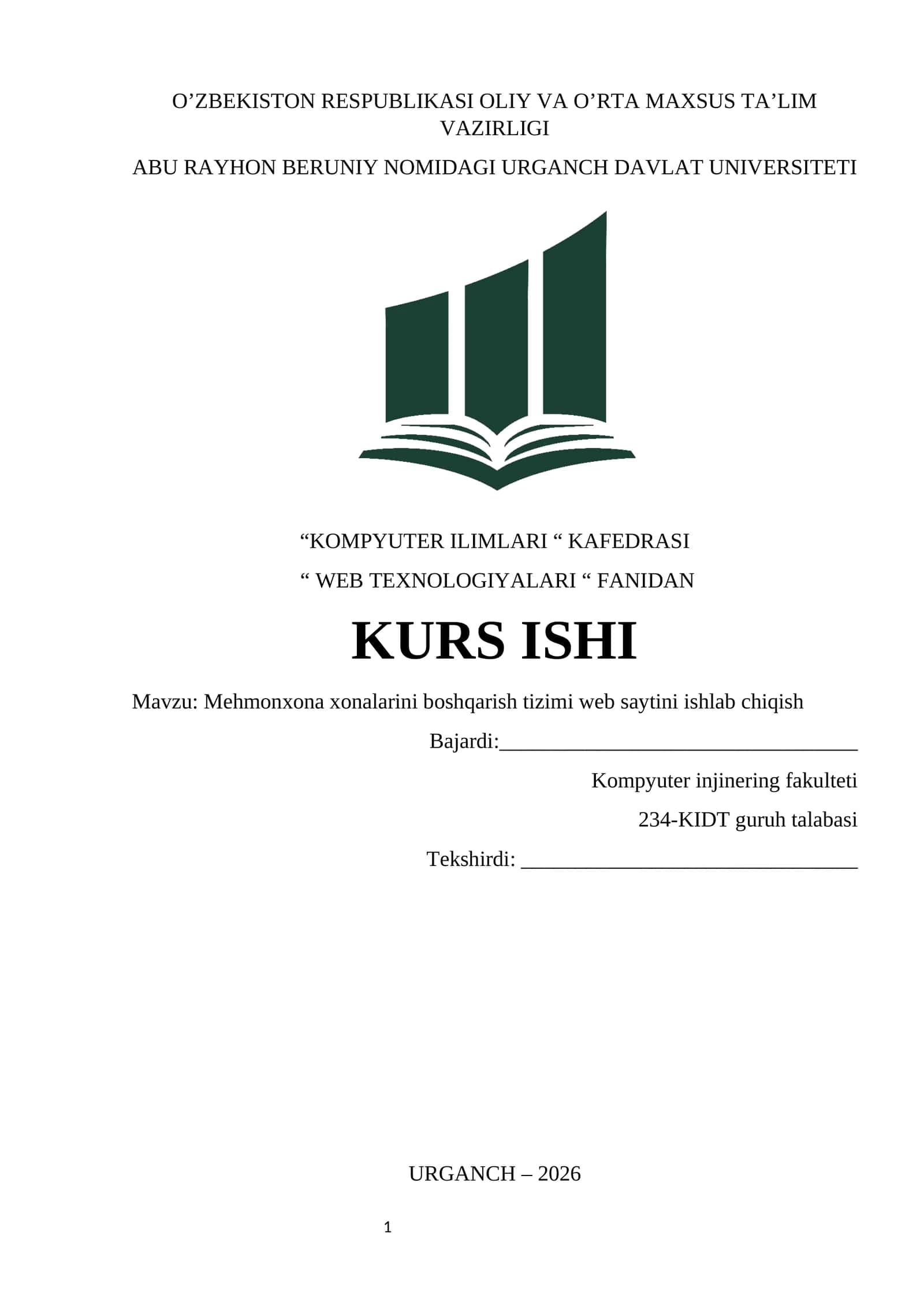 Mehmonxona xonalarini boshqarish tizimi web saytini ishlab chiqish 1