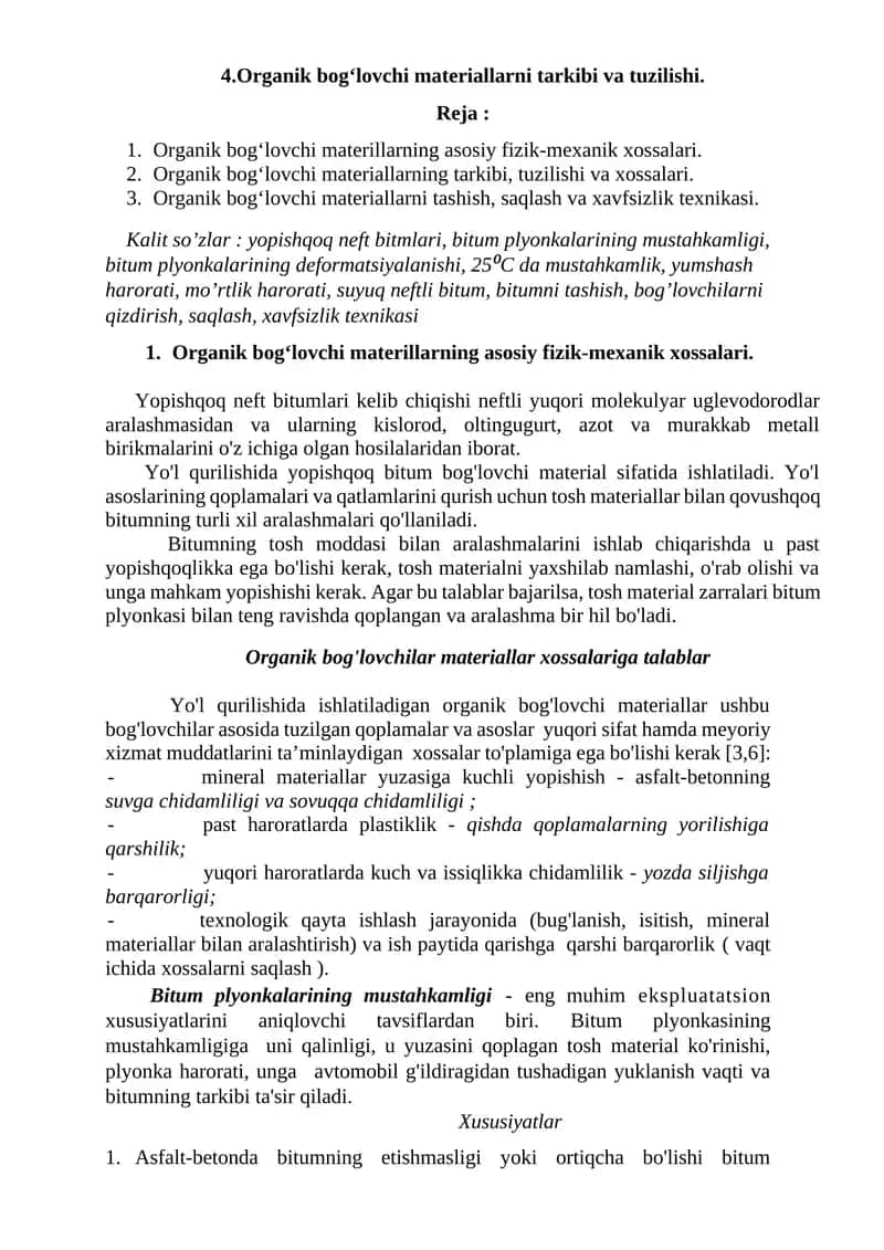 Organik bog‘lovchi materiallarni tarkibi va tuzilishi 1
