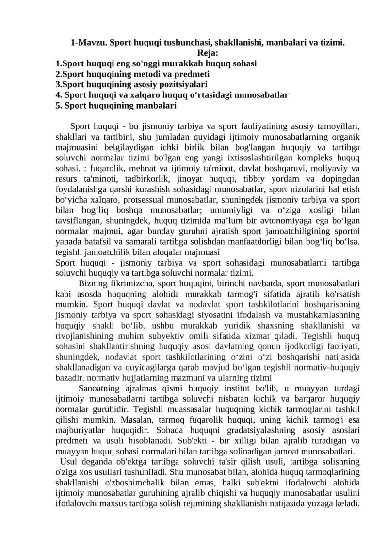Sport huquqi tushunchasi, shakllanishi, manbalari va tizimi 1