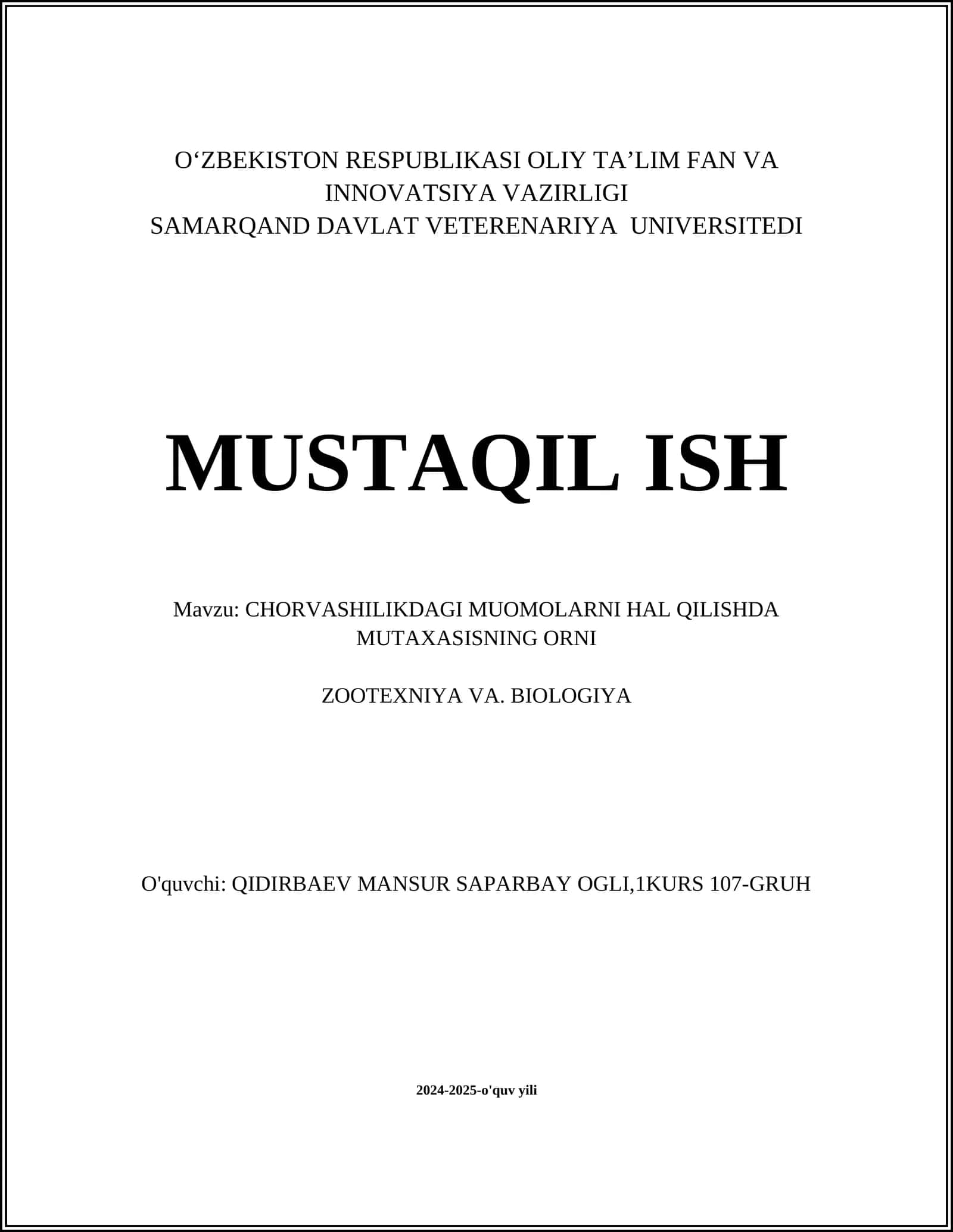 CHORVASHILIKDAGI MUOMOLARNI HAL QILISHDA MUTAXASISNING ORNI 1