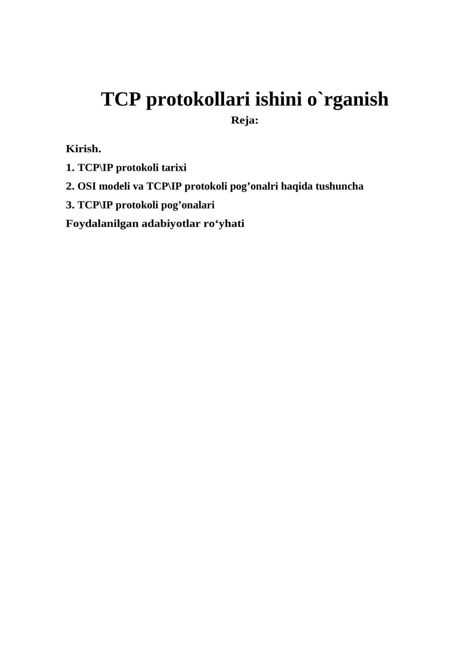 TCP protokollari ishini o`rganish 1