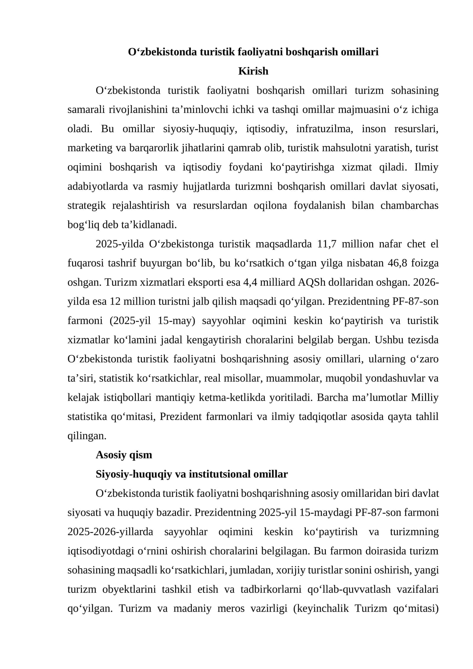 Oʻzbekistonda turistik faoliyatni boshqarish omillari 1