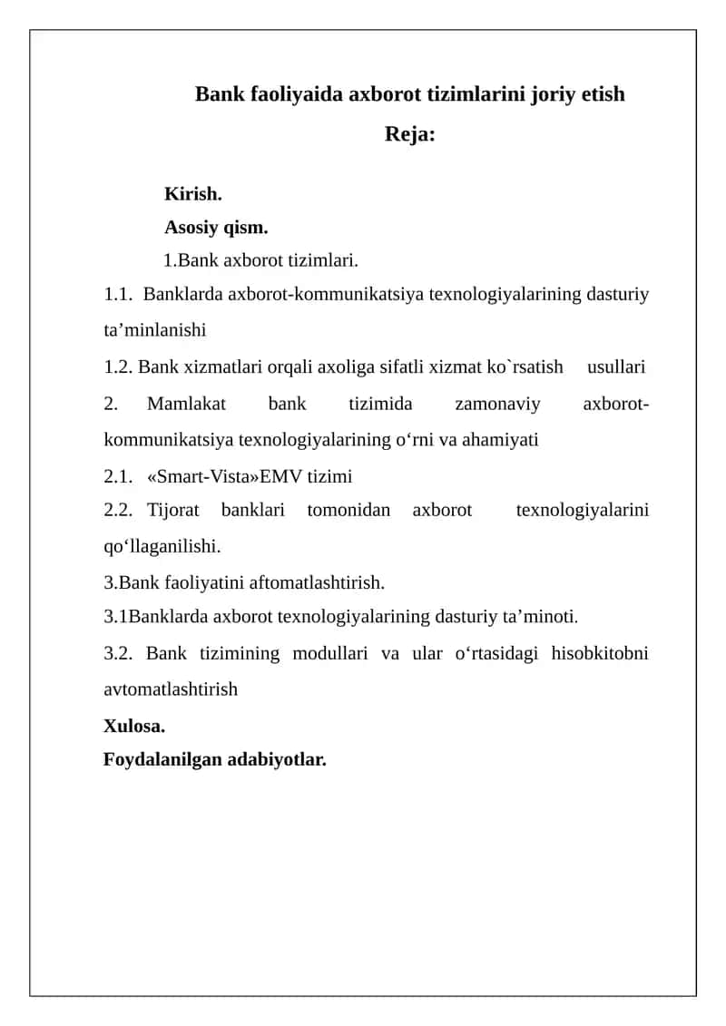Bank avtomatlashtirilgan axborot tizimlari 1