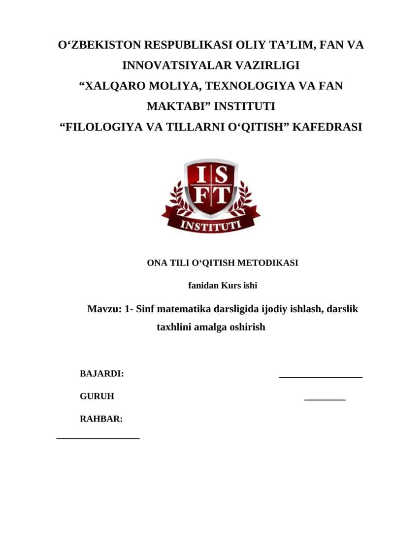 1- Sinf matematika darsligida ijodiy ishlash, darslik taxhlini amalga oshirish 1